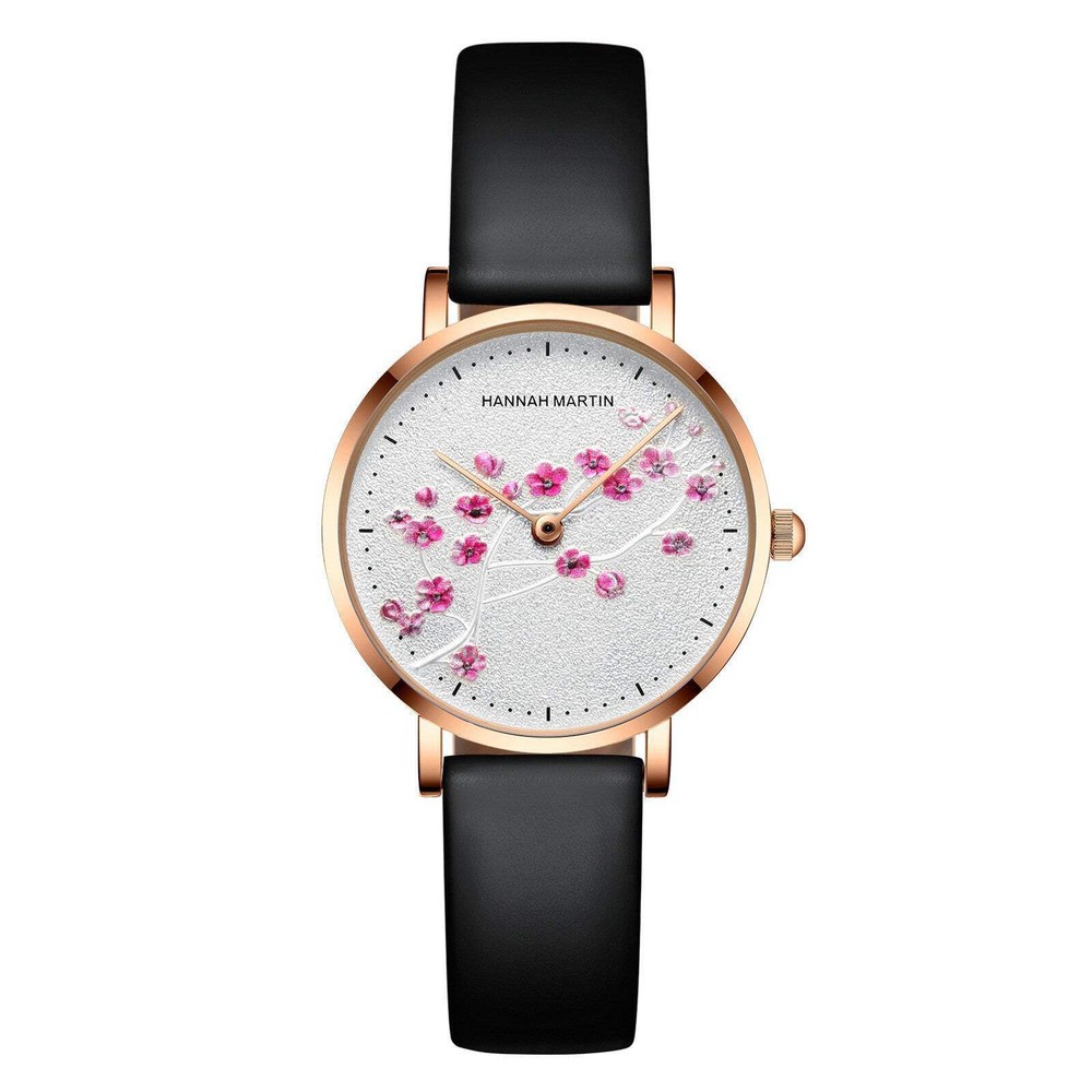 Rose Gold Floral Design Women's Leather Strap Watch with Round Dial