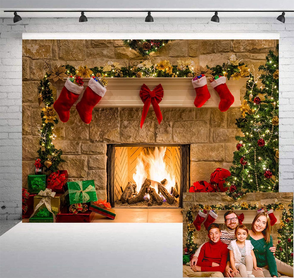 Xmas Fireplace Tree Sock Theme Backdrop Photograhy Santa Garland Ball Xmas Party