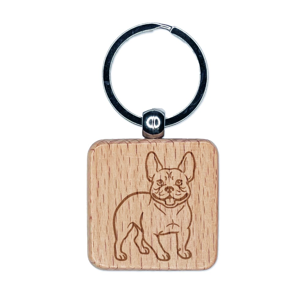 Charming Frenchie French Bulldog Pet Dog Engraved Wood Square Keychain Tag Charm