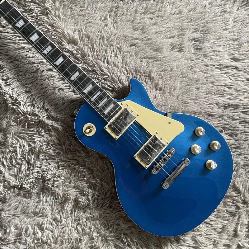 Metallic Dark Blue LP Modern Electric Guitar HH Pickup Yellow Pick Guard Factory