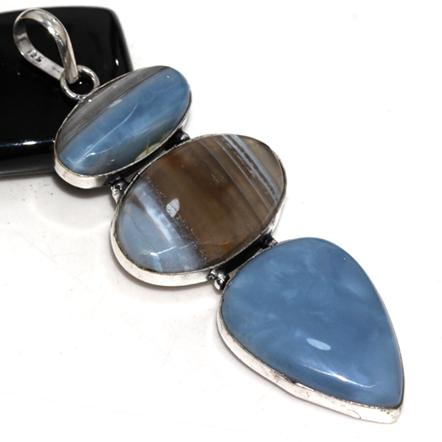 925 Silver Plated Owhyee Blue Opal Ethnic Long Pendant Jewelry Size 3.1