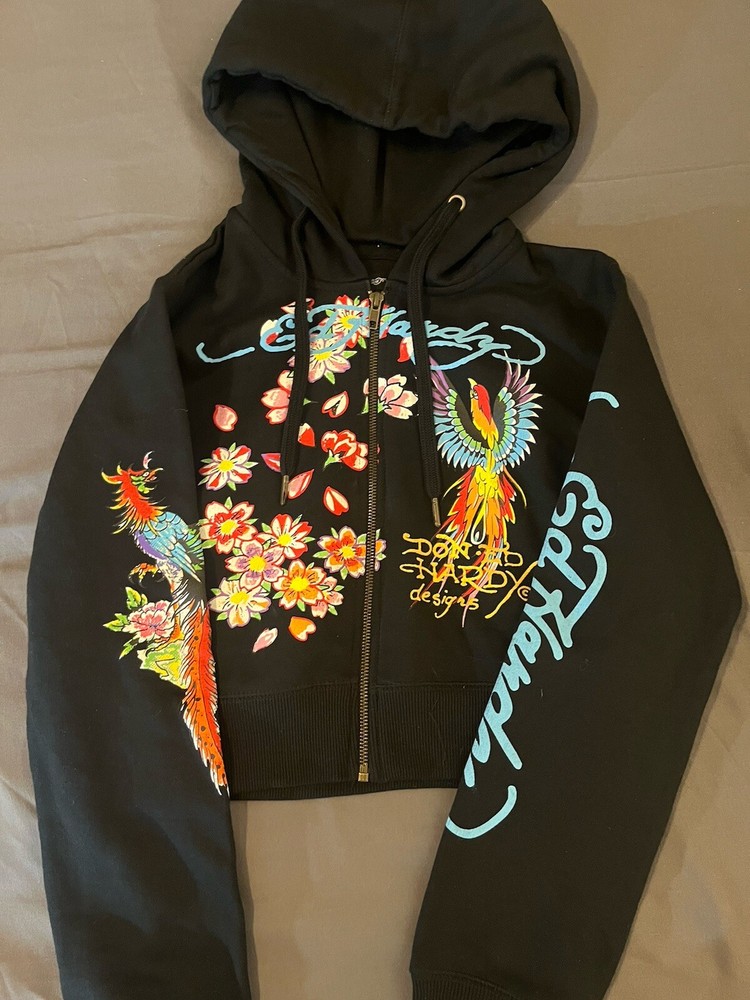 Ed Hardy Black Cropped Jacket Phoenix Women’s Y2K Hoodie Zip Up Track Suit Cute