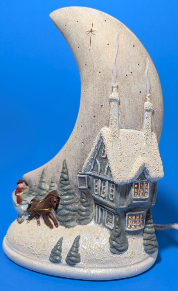 CLEARANCE SALE Winter Moon Scene Night Light, Vintage Handmade Ceramic, 9