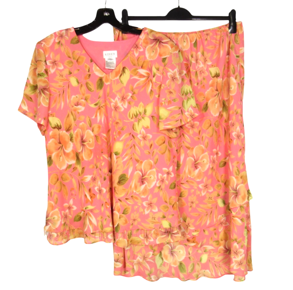 VTG KORET WOMAN Pink FLORAL Crepe LAYERED BEADS HEM Top/Skirt OUTFIT SET Sz 18W