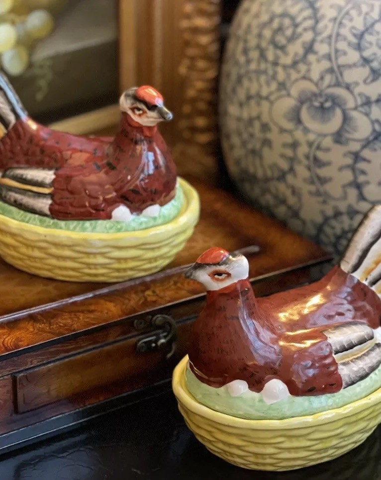 Rare Pair Antique English Staffordshire Brown Hen Chicken Bird Nest Tureen 5.25”