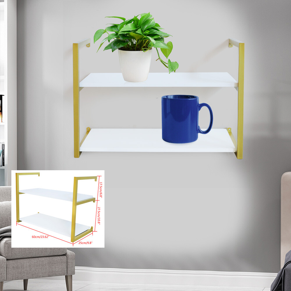 2 Tiers Floating Shelf Wooden Display Holder Bookshelf Wall-Hang Storage Rack