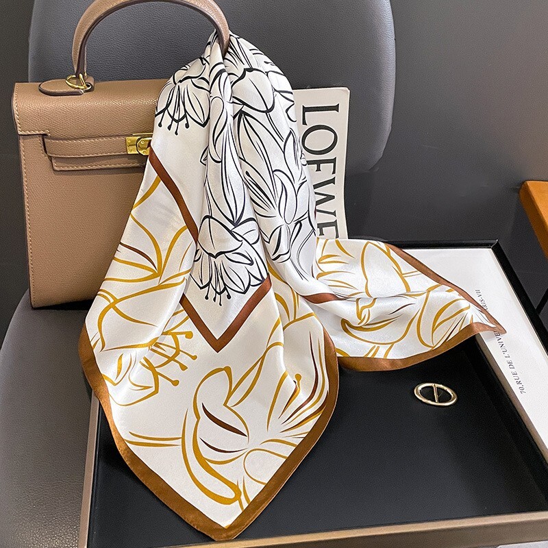 100% Silk Scarf White Brown Floral Square Bandana Wrap 68cm for Women