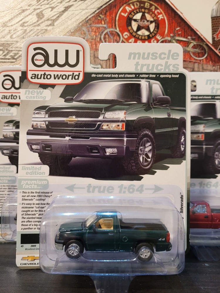 Auto World 2003 Chevy Silverado Single Cab Truck  1:64 Green