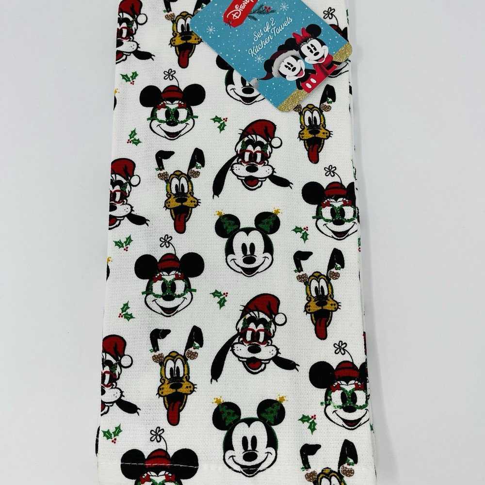 Disney Mickey Mouse 2 Pack Hand Kitchen Towels Christmas Pluto Goofy Faces NEW