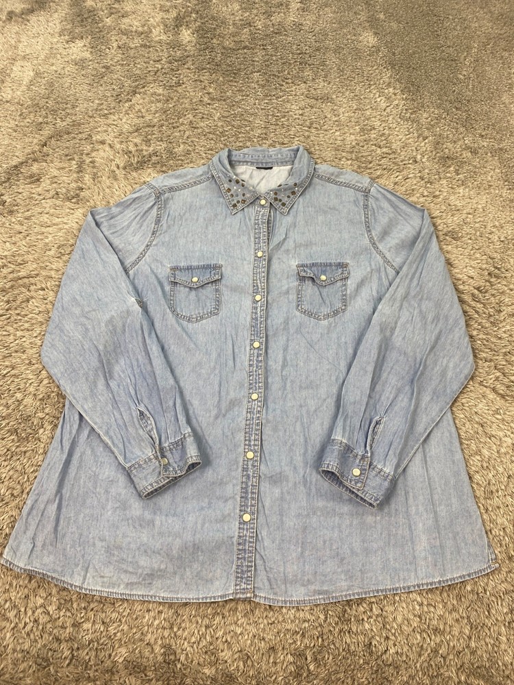 Vintage 90s Blue Chambray Western Pearl Snap Shirt with Studs Womens 3X