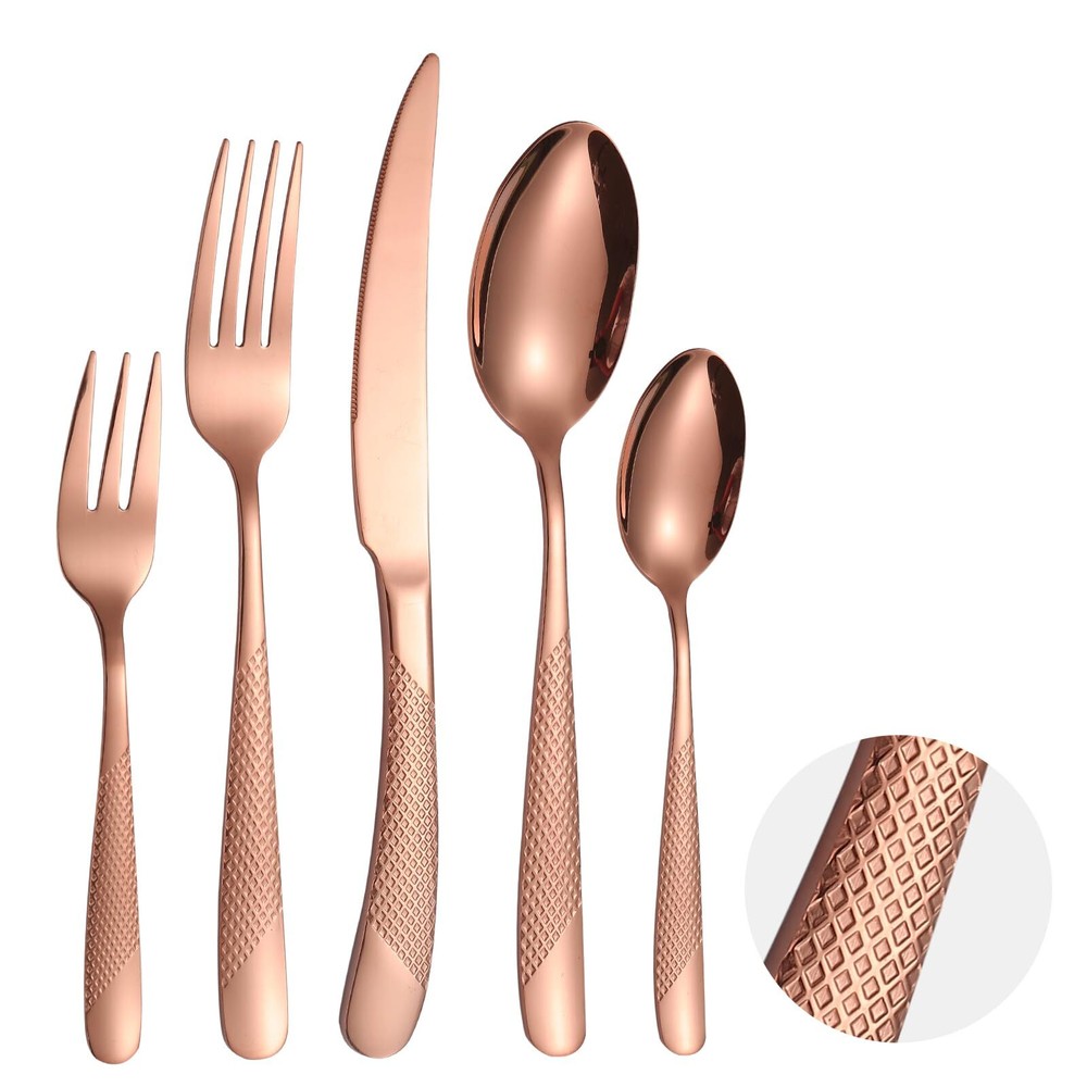 Hammered Flatware Set Copper/Rose Gold Silverware 20 Piece Stainless Steel Se...
