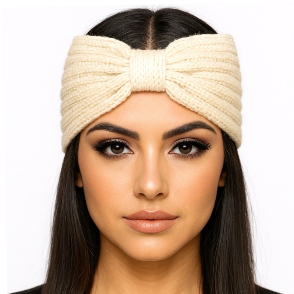 Cream Knit Bow Headband | Winter Ear Warmer | Soft Chunky Cable Knit