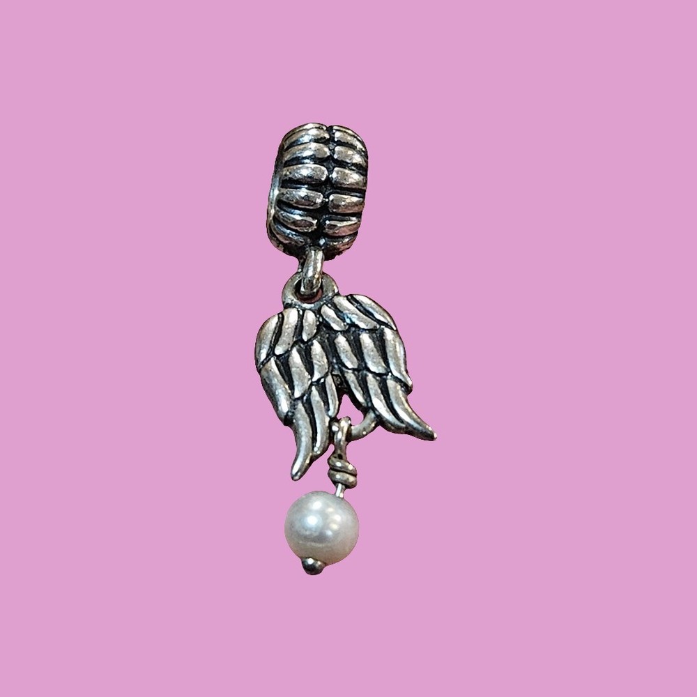 Genuine Pandora Silver Angel Wings Dangle Charm with White Pearl Screw-On