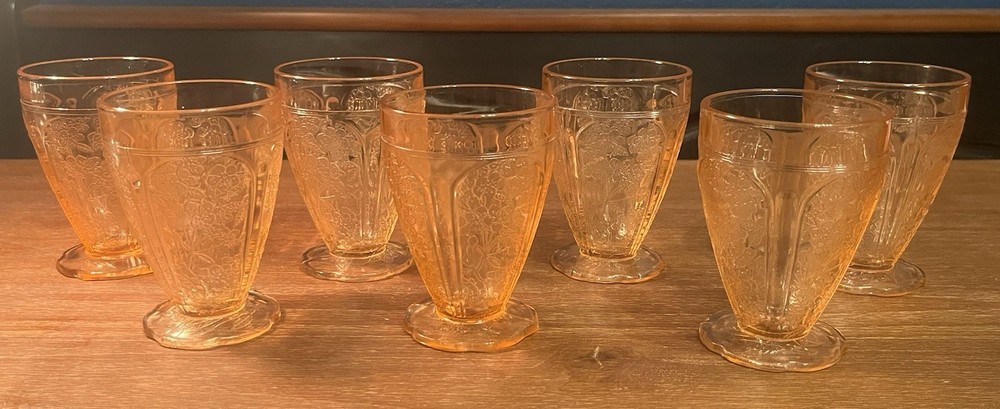 Set Of 7 vintage Jeannette Cherry Blossom Pink depression glass footed tumblers