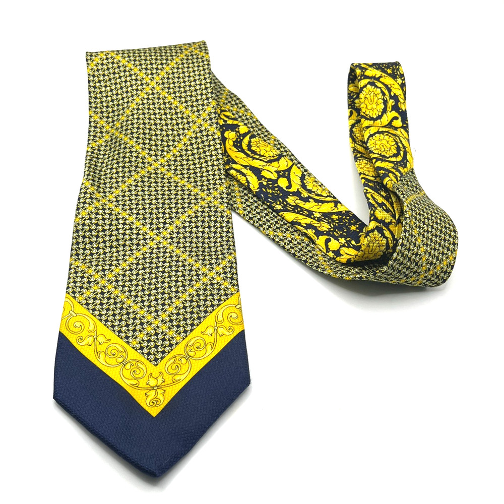 GIANNI VERSACE Tie Silk Yellow & Navy Blue Double Print Signature Style Classic