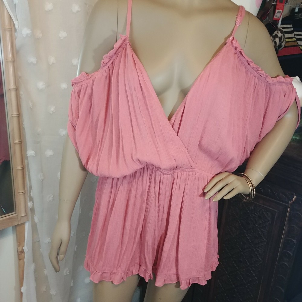 Topshop Boho Romper with Cold Shoulder in Dusty Rose Pink Size Large-image