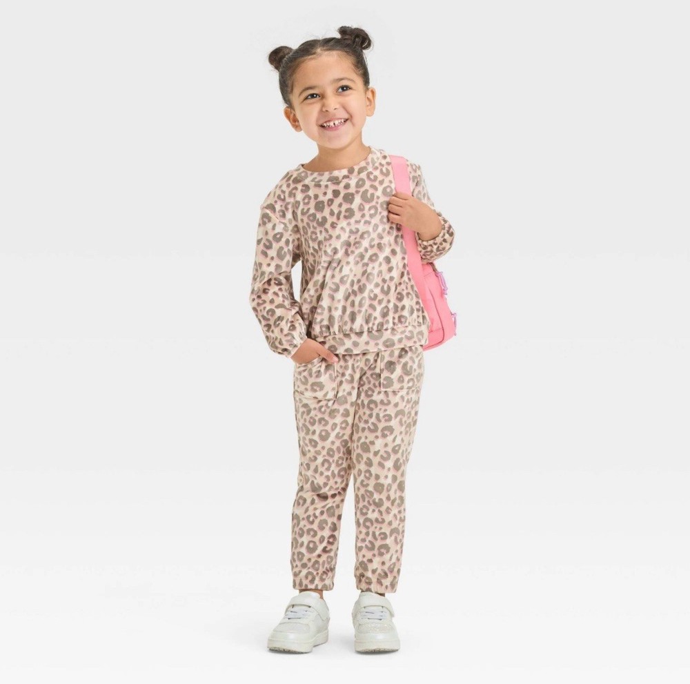 Cat & Jack Size 2T Velour Leopard Toddler Girl Sweatshirt Jogger Set Soft Lounge