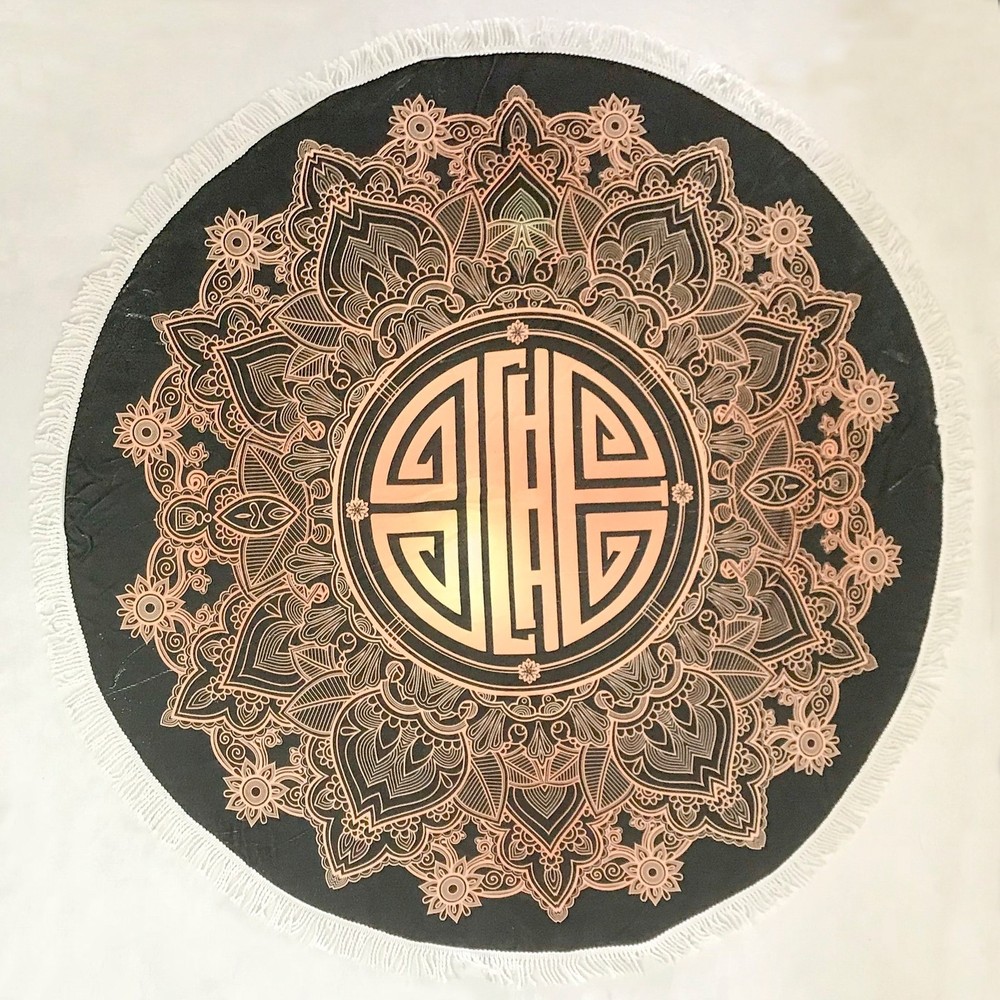 61-Inch Black & Gold Asian Medallion Round Beach Towel - Stylish and Elegant Design