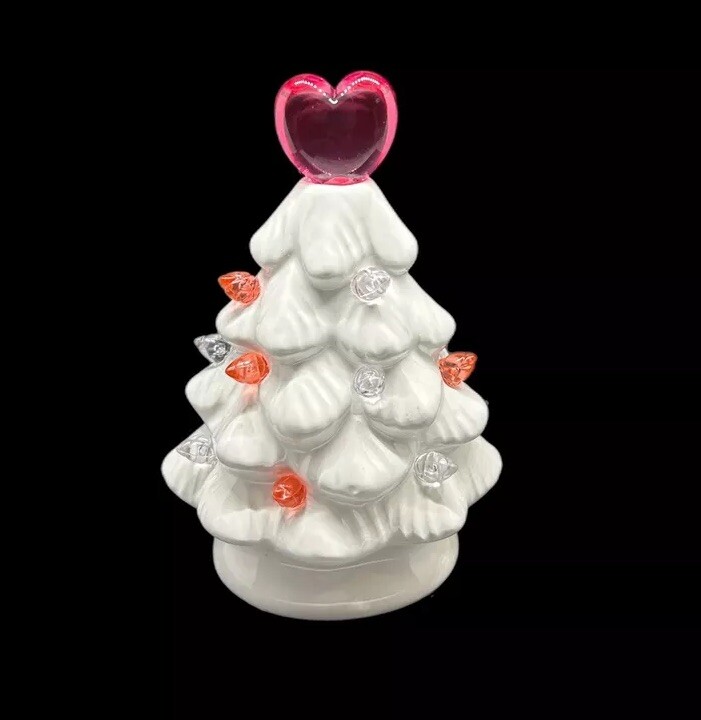 Hobby Lobby Valentine's Day Ceramic Light Up Mini Tree White with Red Heart, NWT