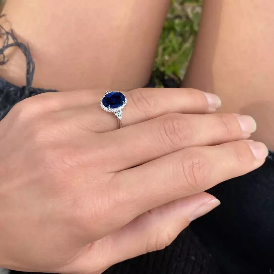 5.30 Ct Oval Cut Natural Sapphire & Diamond Wedding Ring 14K White Gold Solid