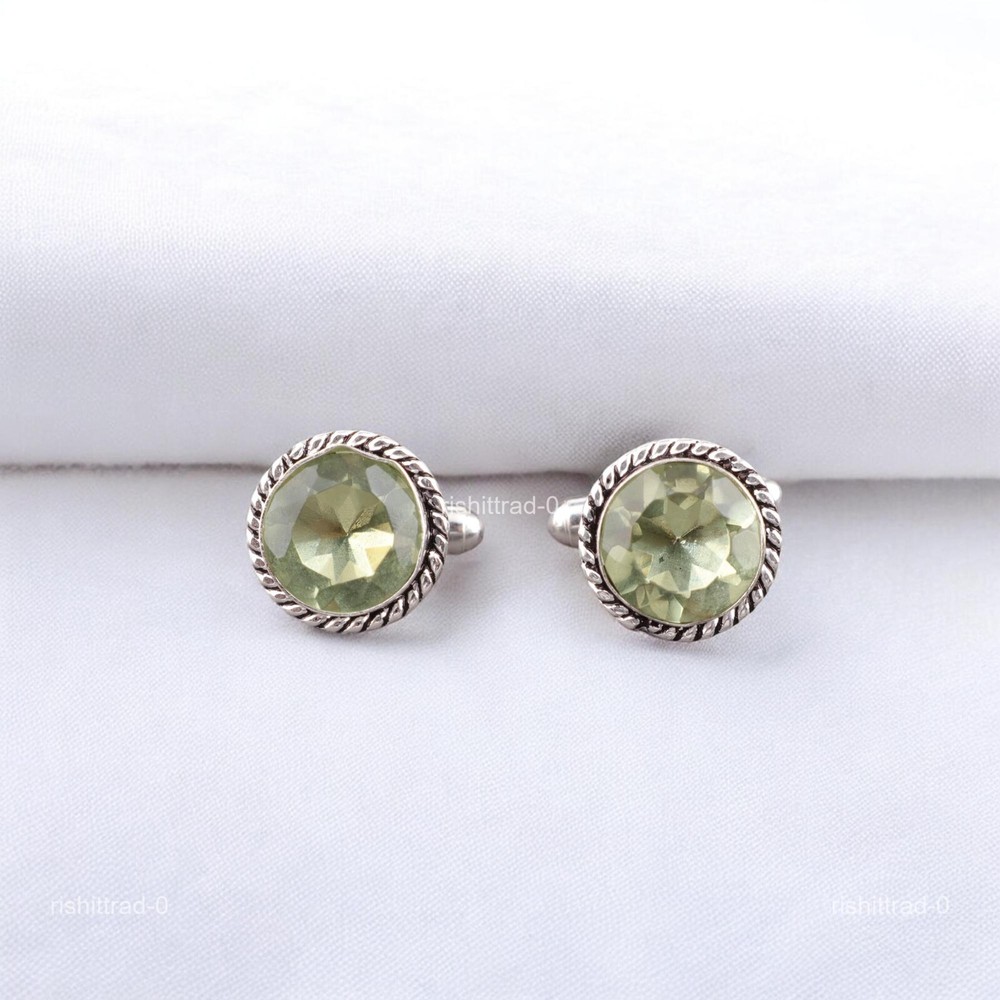 Green Amethyst Stone 925 Sterling Silver Fathers Wedding Cyber Monday Cufflinks-image