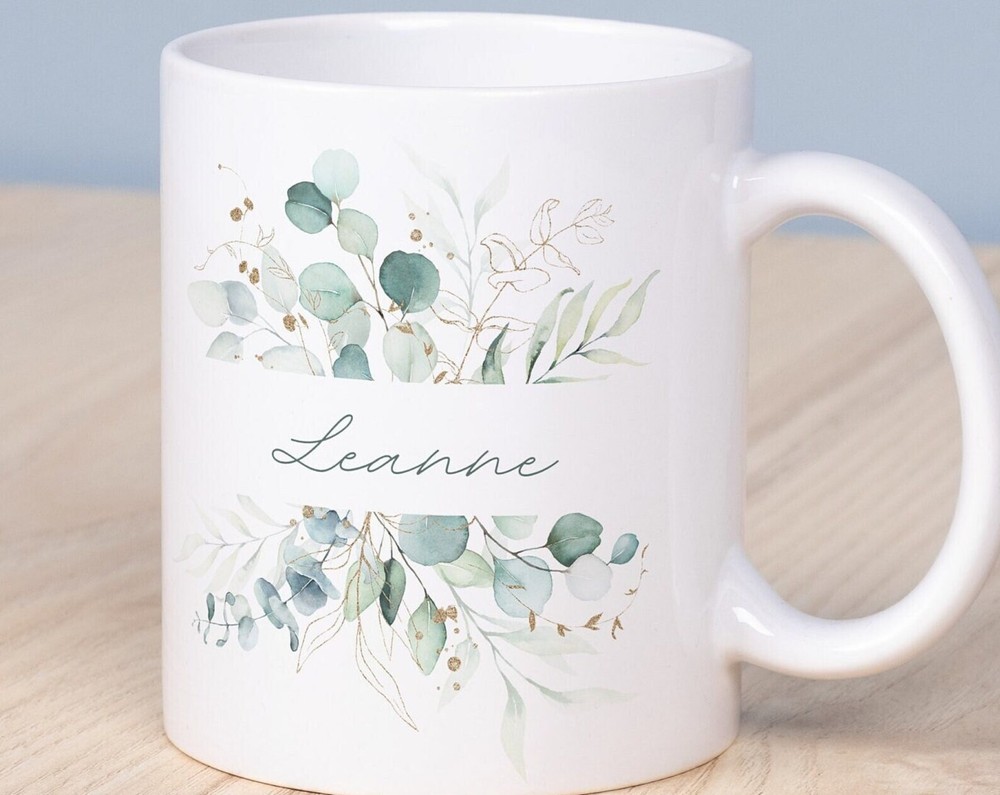 Custom Name Mug Gift Eucalyptus Floral Pattern Cute Name Gift Personalised Mug