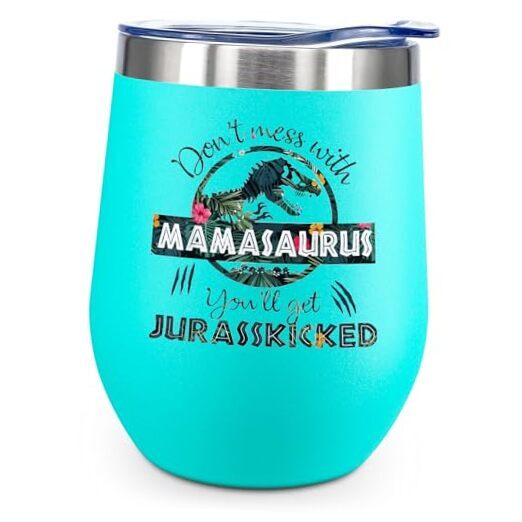 Mamasaurus Tumbler with Lid 12oz - Mom Cup Double Wall Insulated Coffee Mint