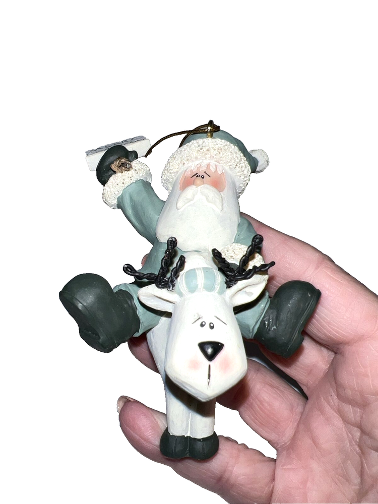 Vintage Christmas Whimsical Resin  Santa Claus  Riding Reindeer Ornament So Cute