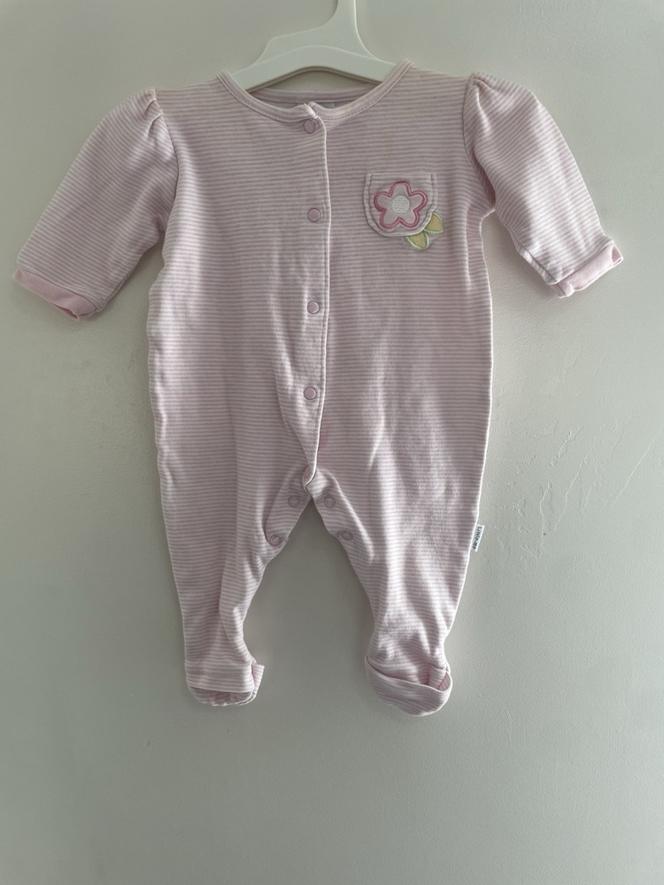 Little Me Baby Girls Embroidered Flower Pocket Striped Cotton 1-Piece Pink 3M