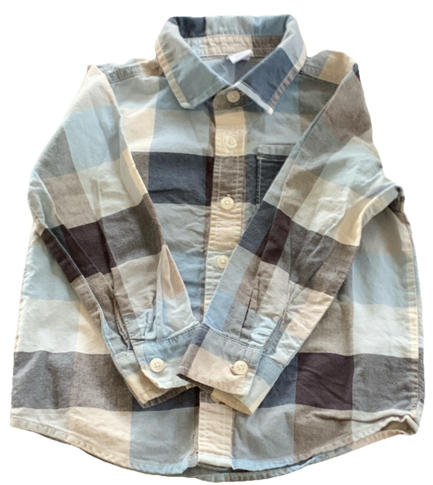 Old Navy Boys 3T Plaid Button-Up Long Sleeve Shirt Blue White Gray