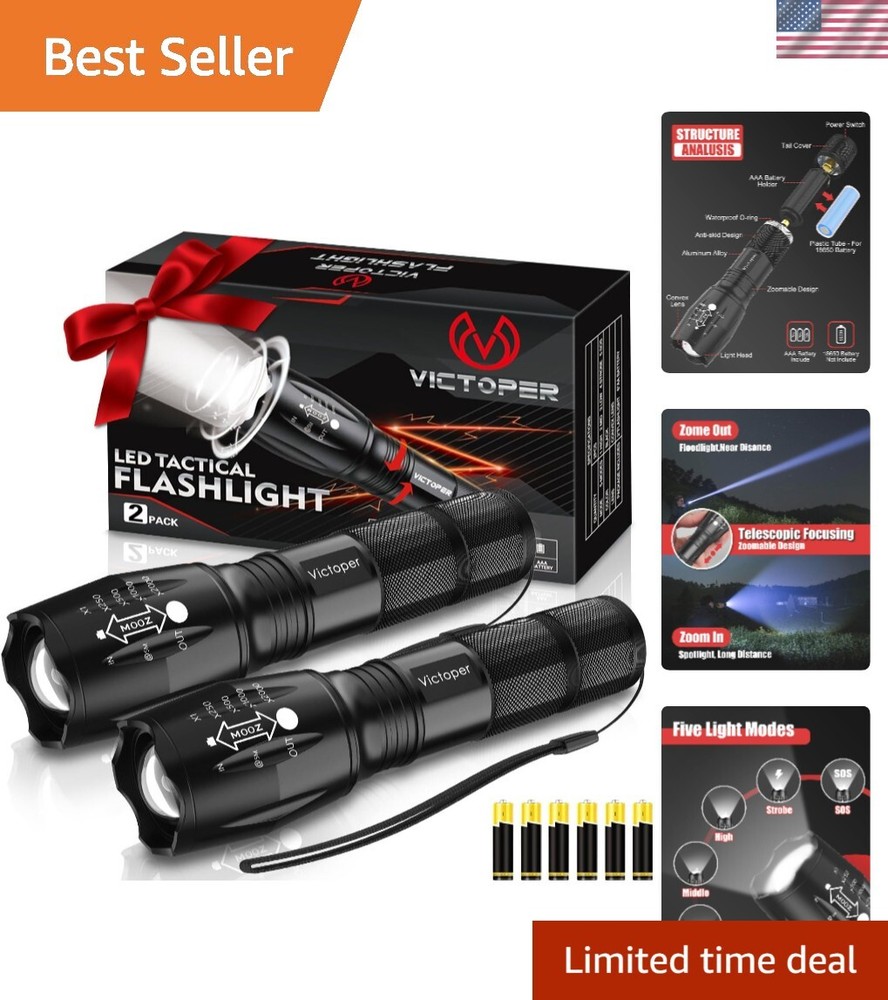 2000 Lumens Tactical LED Flashlight 2 Pack High Brightness with Adjustable Modes  
