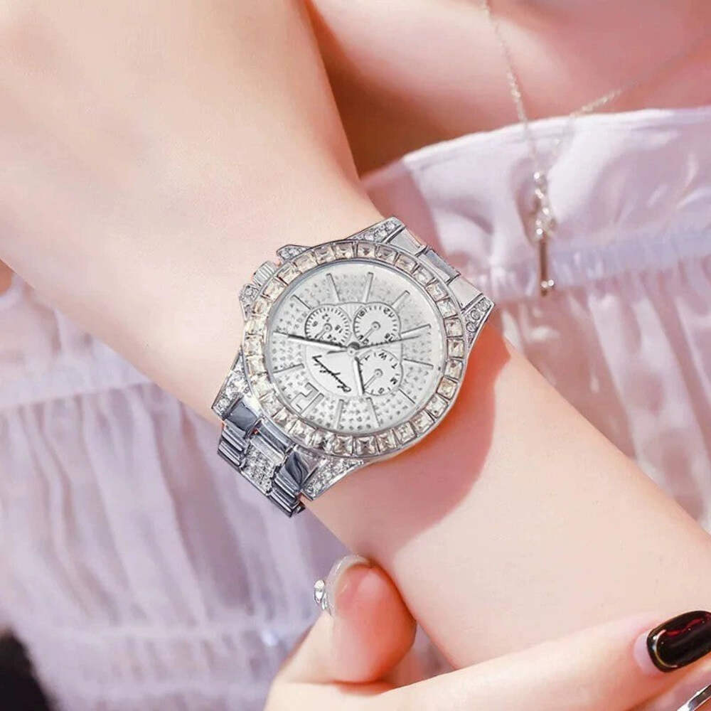 Elegant Three-Eye Quartz Watch with Full Diamond Accents and Steel Strap for Wom