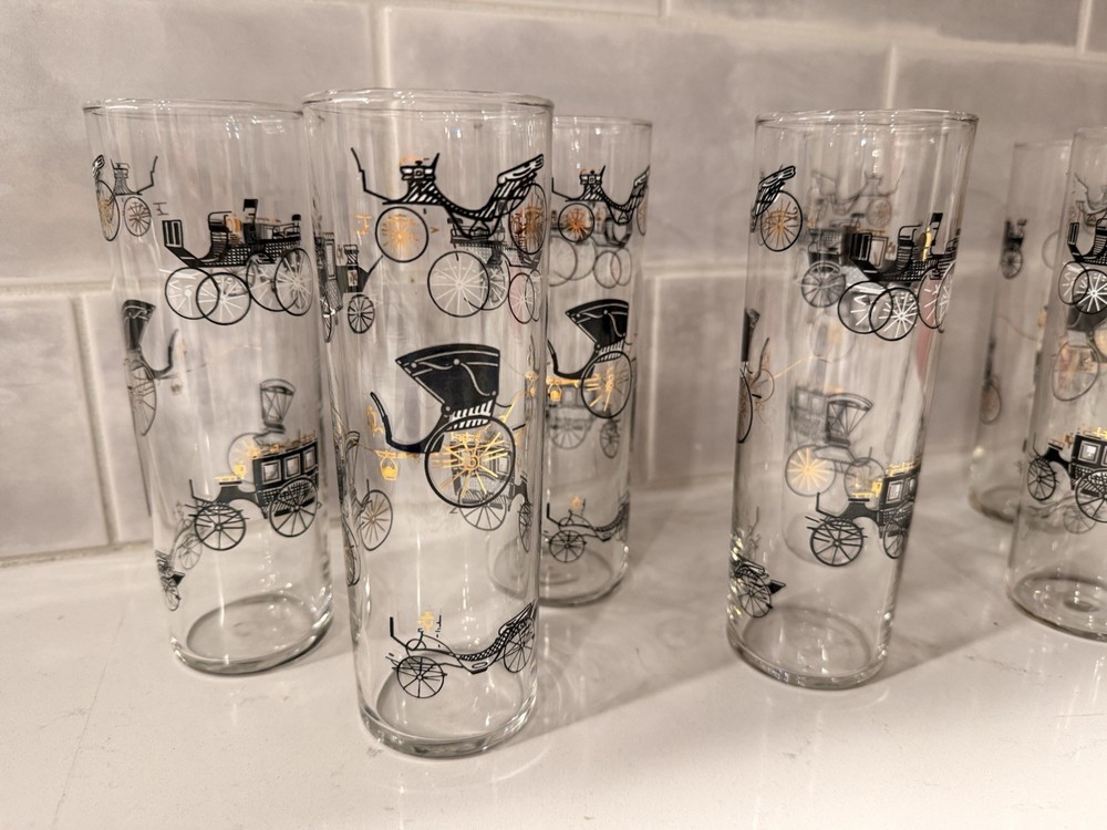 Vintage Set Of 8 Libbey Stagecoach Carriage Highball Glasses MCM Tom Collins