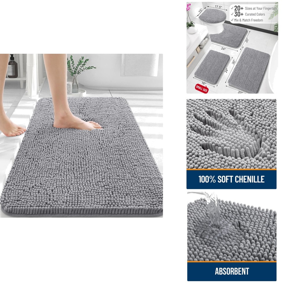 Soft Absorbent Chenille Bath Rugs 30x20 with Non-Slip Rubber Backing