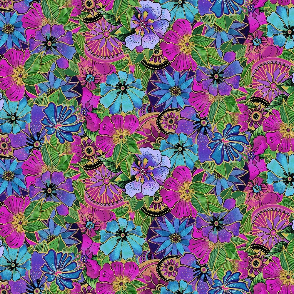 Laurel Burch Earth Song Packed Wild Flowers Dark Orchid Fabric By FQ - 1/4 YD