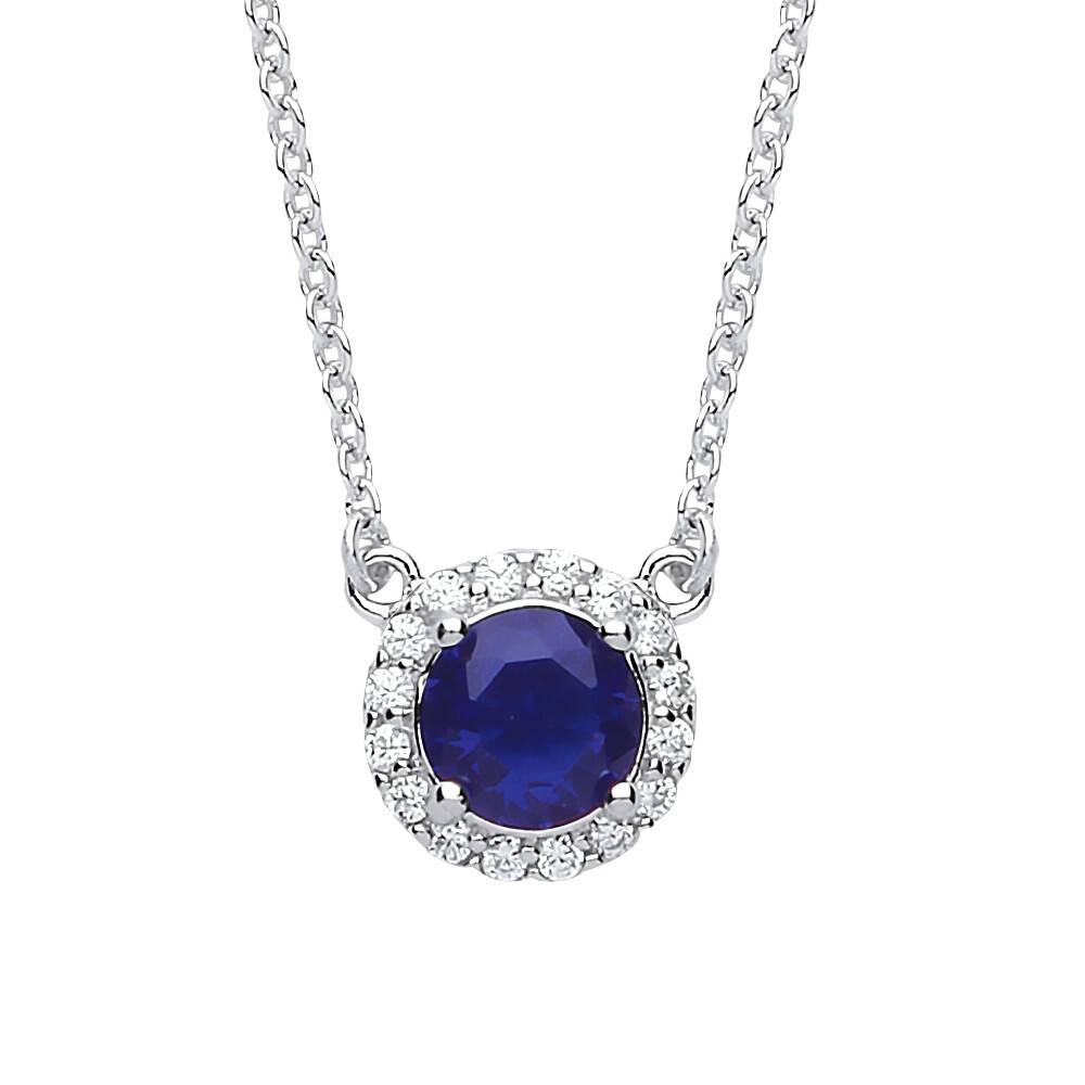 Silver Jewelco London Blue CZ Solitaire Halo Charm Necklace 15 + 2 inch