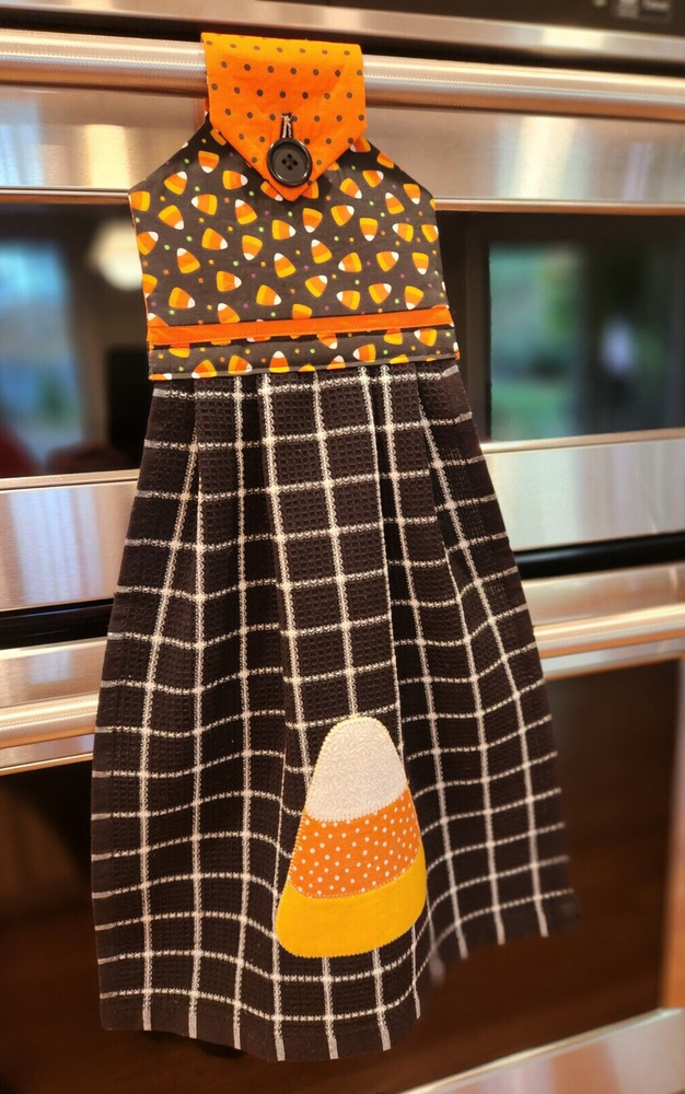 Handmade Halloween Candy Corn Applique on Black & White Hanging Kitchen Towel
