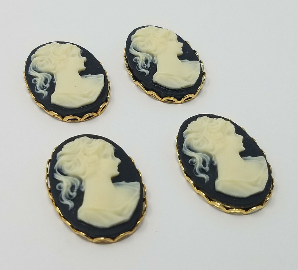 4 pcs 25mm VTG Black Victorian Lady Craft Jewelry Cameos Gold Filigree Settings