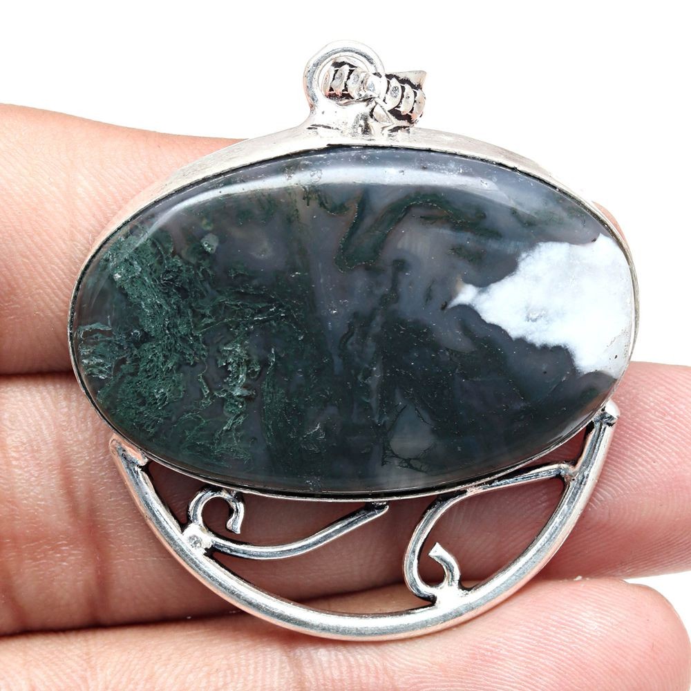 Handmade Moss Agate Necklace Gemstone Jewelry Gift For Her 2 Inch