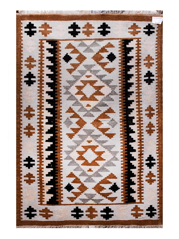 Handwoven Cotton/Wool Dhurrie Rug Color Beige, Brown and Black Carpet Area Rug
