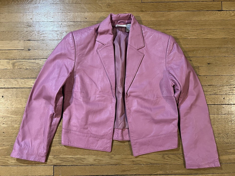 Newport News Vintage 90s Pink Leather Jacket Blazer Cropped Size 4 Retro