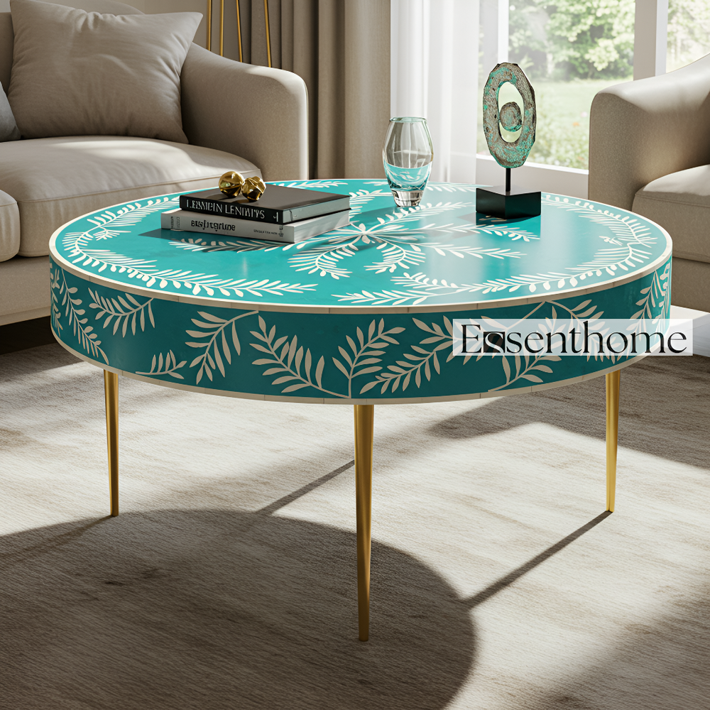 Essenthome Handmade Green Bone Inlay Round Coffee Table with Floral Design