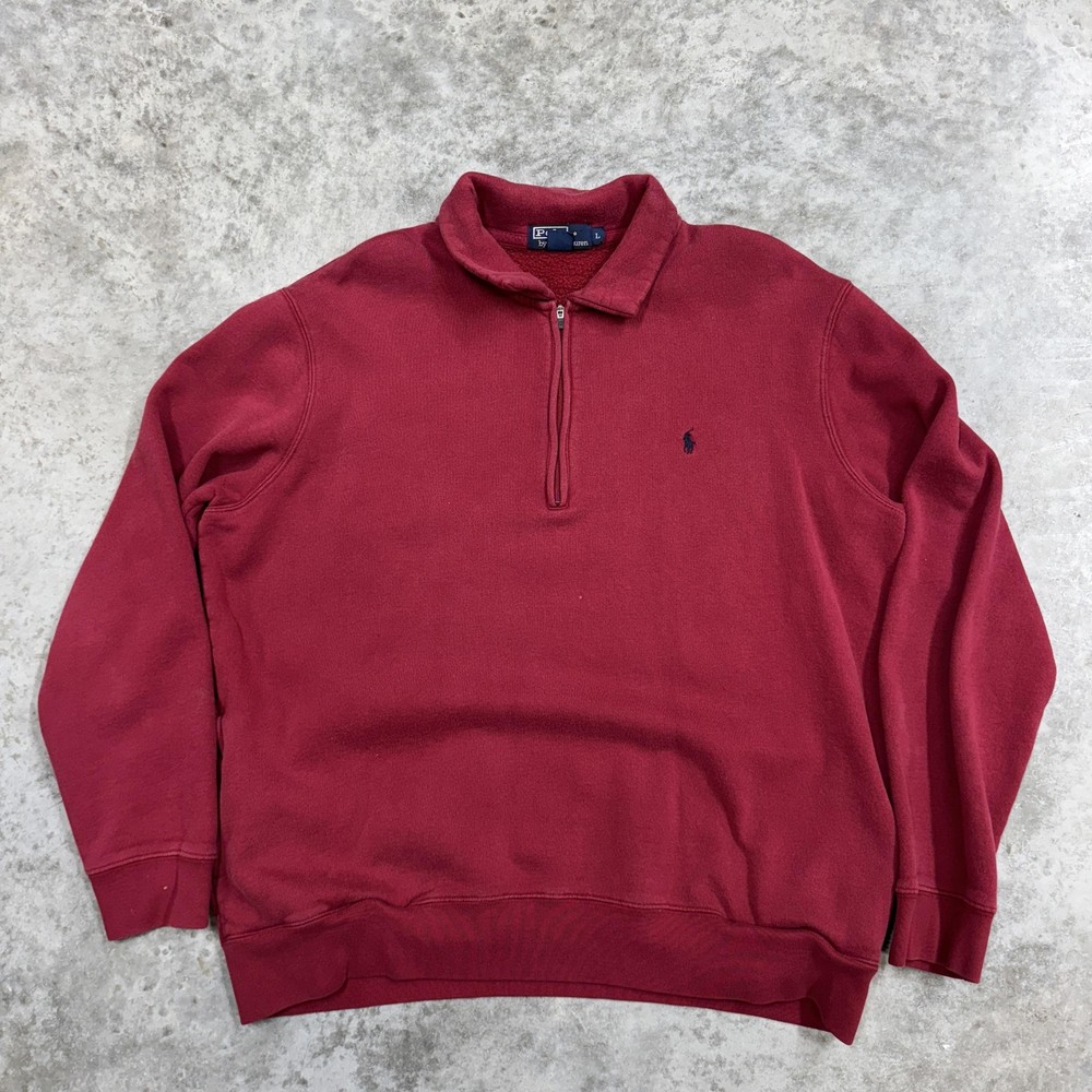Polo Ralph Lauren Sweatshirt Mens Large Burgundy Quarter Zip Made USA Pockets