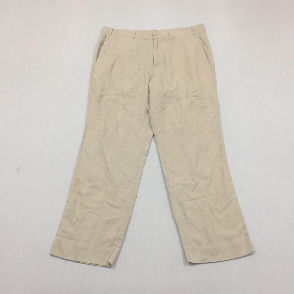 M&S Linen Mix Trousers Mens W36 L29 Straight Fit Chino Beige