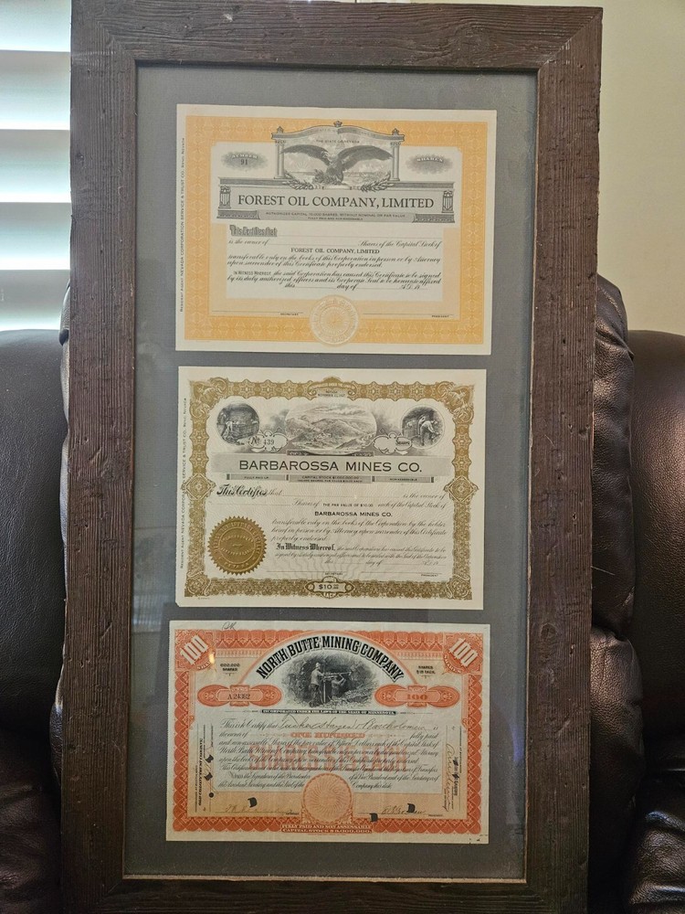 Antique Oil and Mining stock certificates, (8) framed and mounted