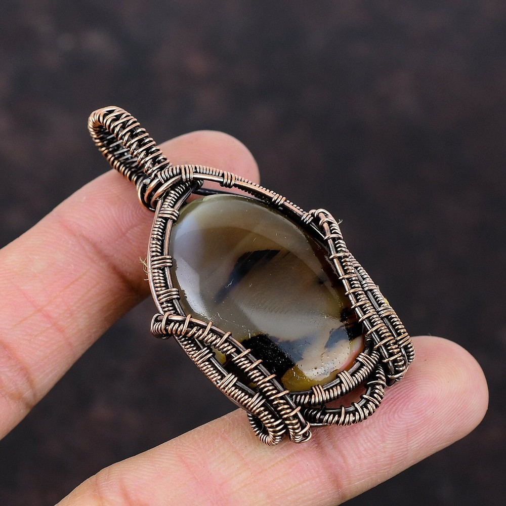 Mother's Day Sale Copper Oval Montana Agate Wire Wrapped Wedding Pendant Necklace-image
