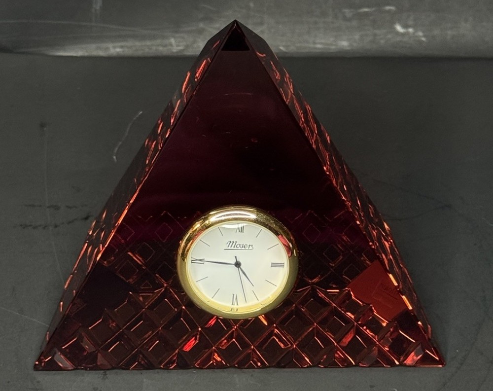 Moser Red Crystal Clock Czech Signed