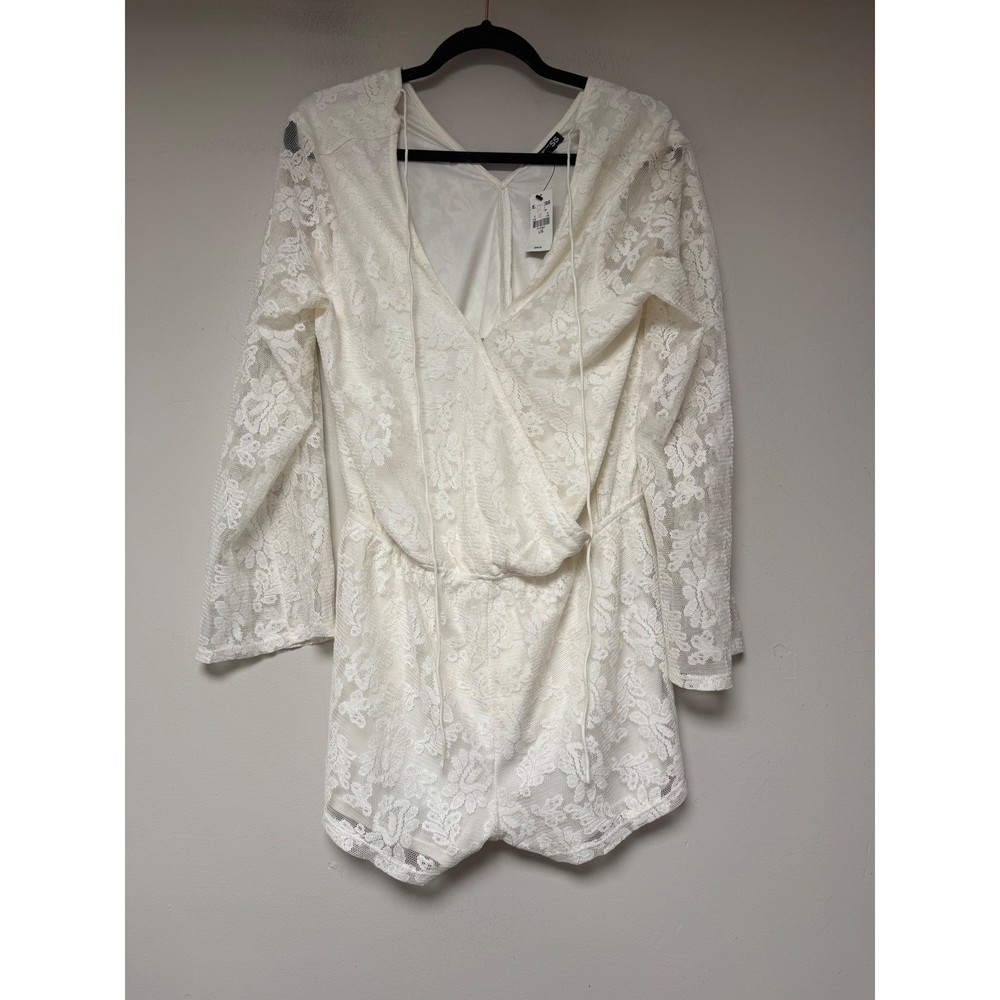 Express Romper Women Large White NWT Lace Long Sleeve V-Neck Boho 8375