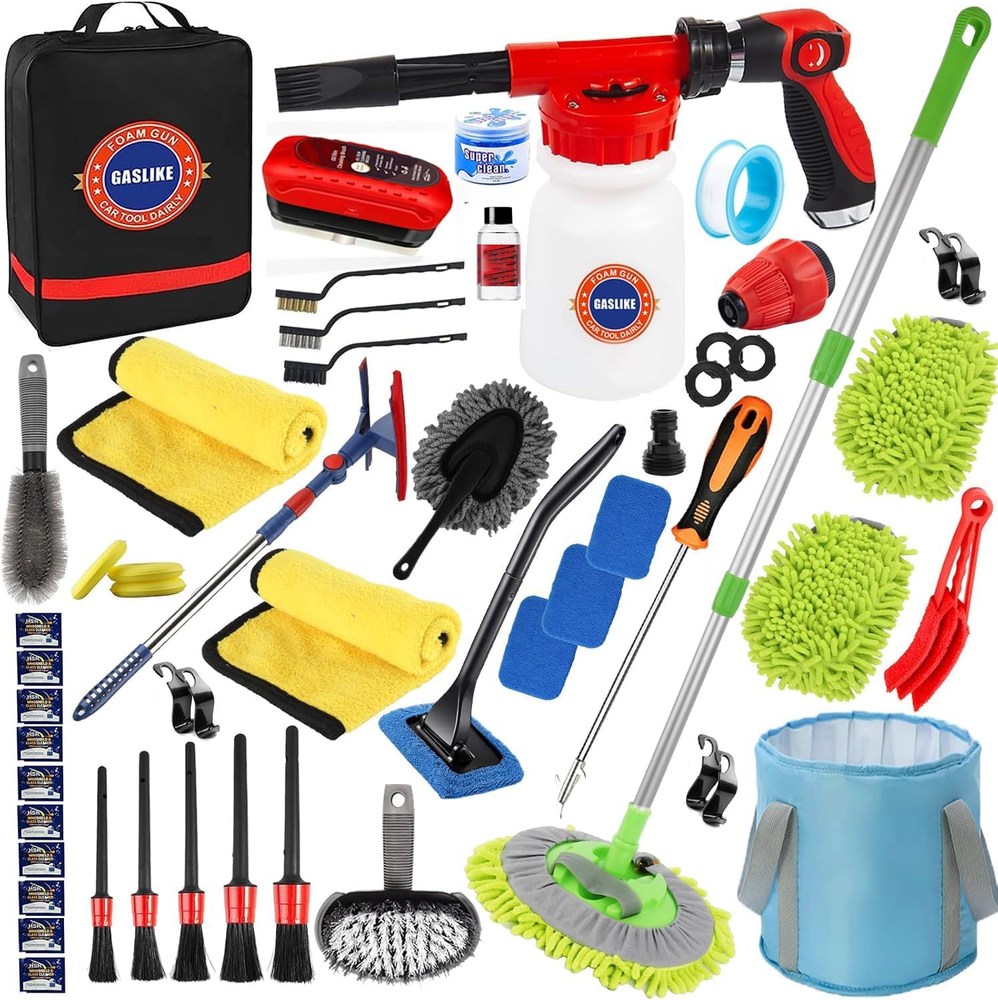 56Pcs Car Wash Cleaning Kit with Foam Gun, Car Wash Brush with Long Handle, Car