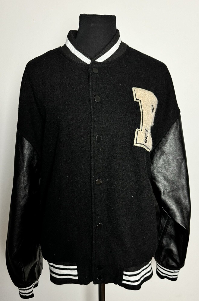Black Snap Front Leather Varsity Jacket Size Large